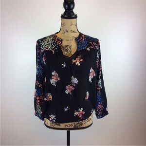 New with tag Lucky Brand Womens Size Small Black Floral Print Boho Blouse Top